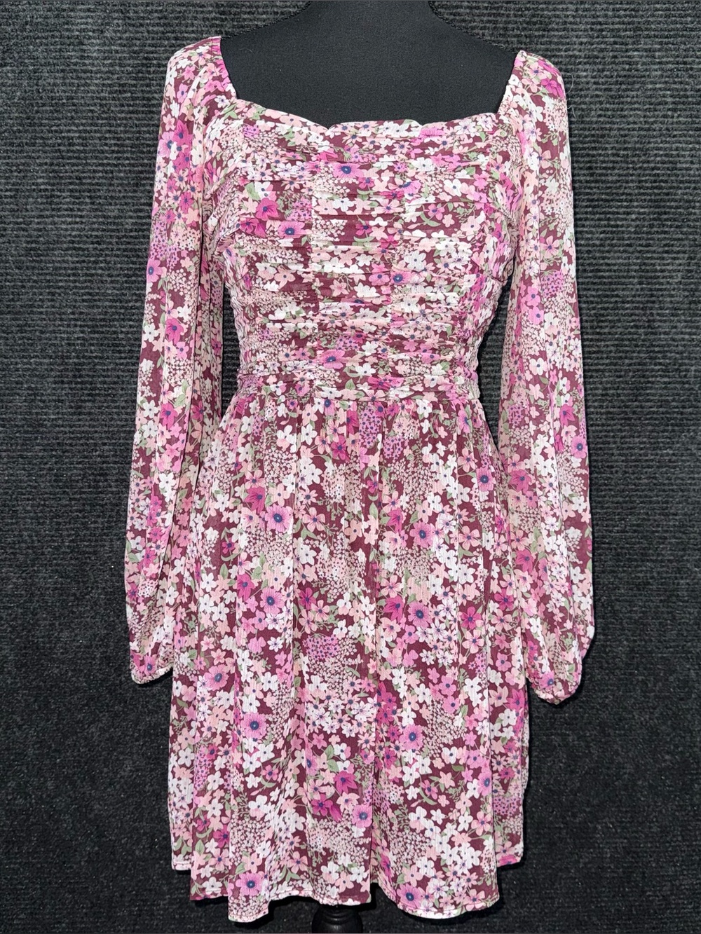 Floral Print Pink Burgundy Chiffon Long Sleeve Square Neck Mini Dress Ruched XS